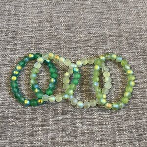Lot of Four Light & Dark Green Iridescent Beaded Bracelets, Size 7”